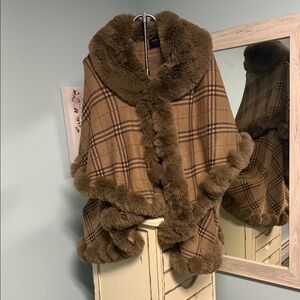 Cliché Plaid Faux Fur Trim Cape Shawl Coat L/XL Vintage Style